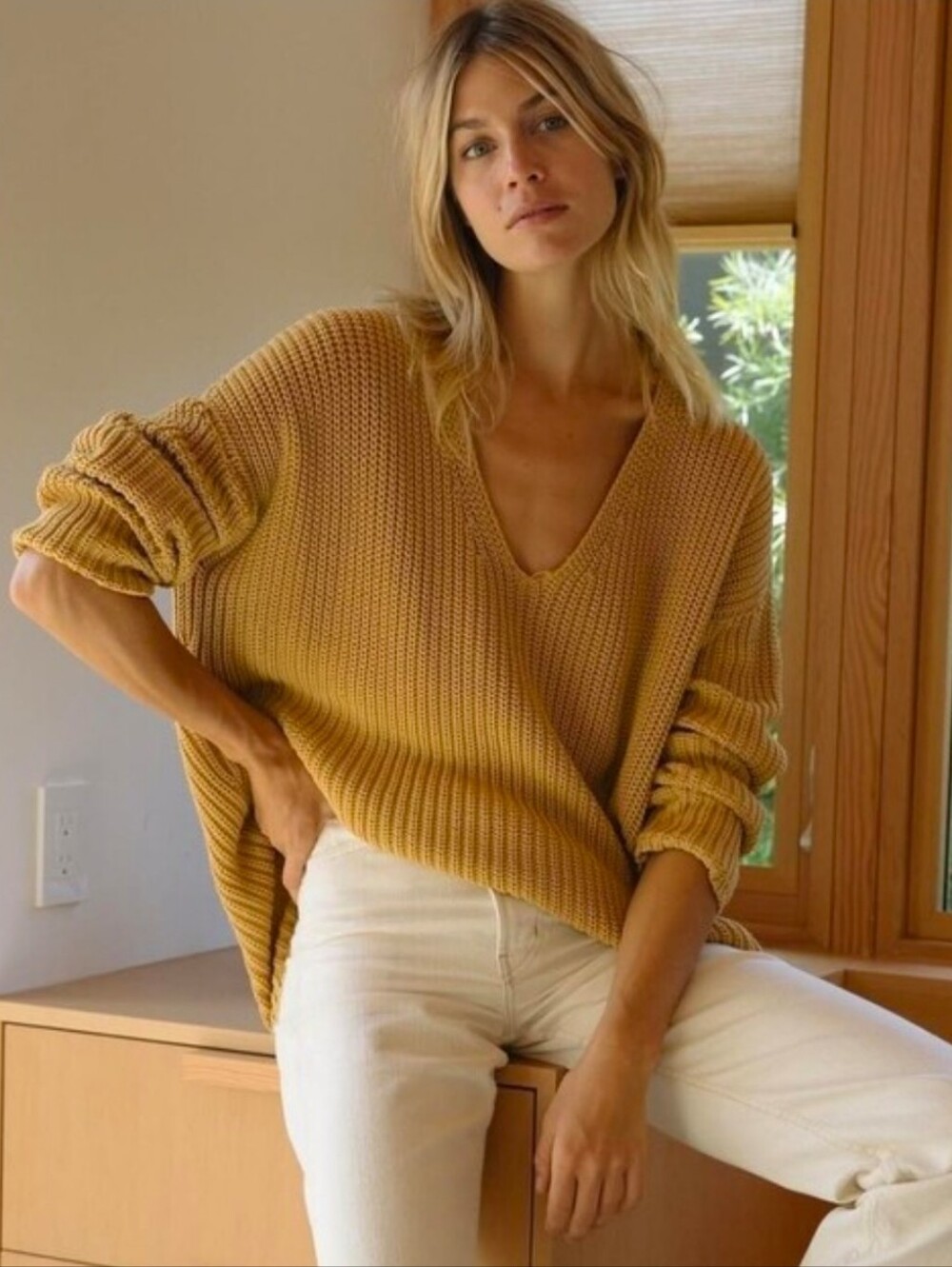 Jenni Kayne Cotton Cabin Sweater Yellow Knit Fisherman Organic V-neck Size S